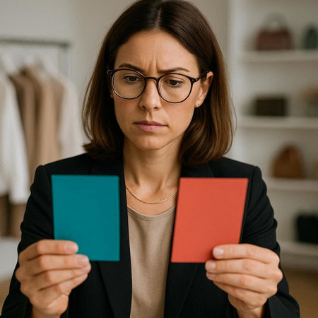 Close up portrait of serious mature businesswoman in eyeglasses holding blue and red cards