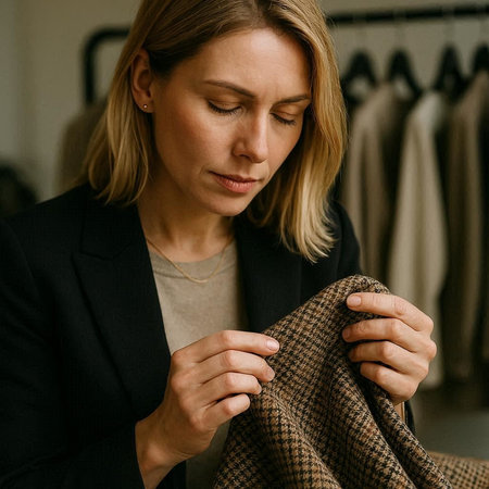 Beautiful young woman in a black suit sews a beige scarf.