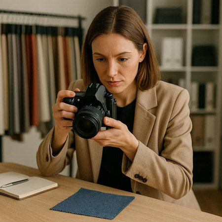 Female photographer working in the office. She is holding a camera in her hands.