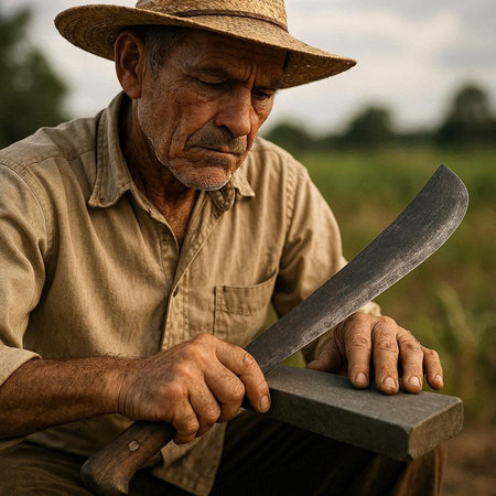 An elderly man with a knife in his hand sits on the ground.