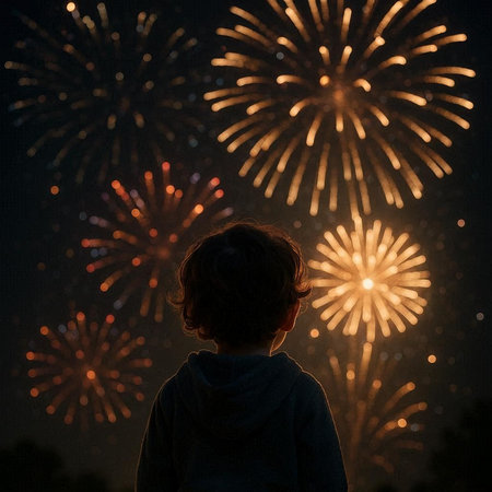 Boy looking at fireworks in the night sky. Back view of a child looking at fireworks.