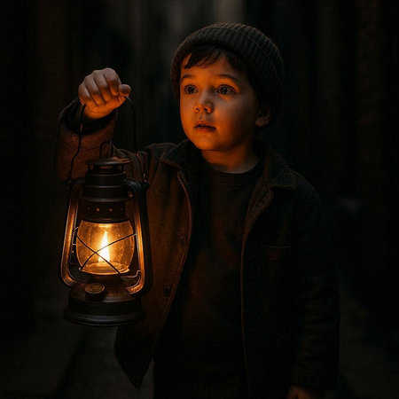 A boy with a lantern in his hands on a dark background.