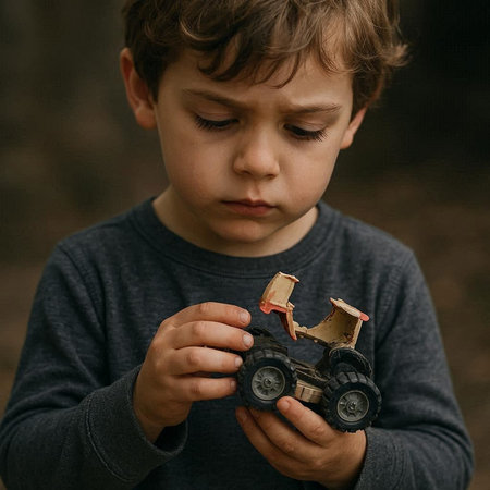 little boy playing with a toy car in the autumn forest, selective focus