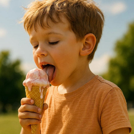 Cute little boy eating ice cream in the park. Outdoor portrait