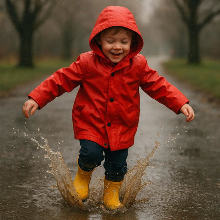 Cute little boy in raincoat and rubber boots playing in puddle on rainy day