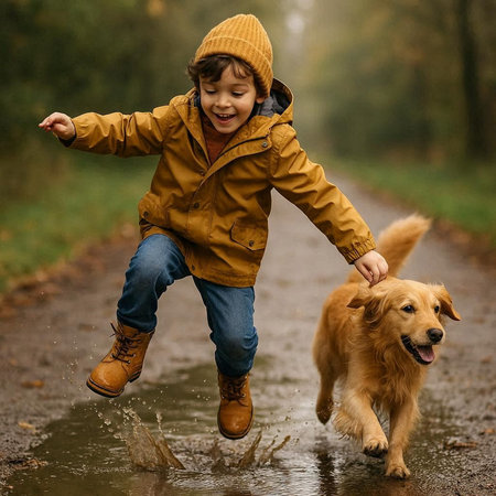 Cute little boy with golden retriever dog in autumn park.
