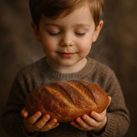 Cute little boy holding a loaf of bread in his hands.