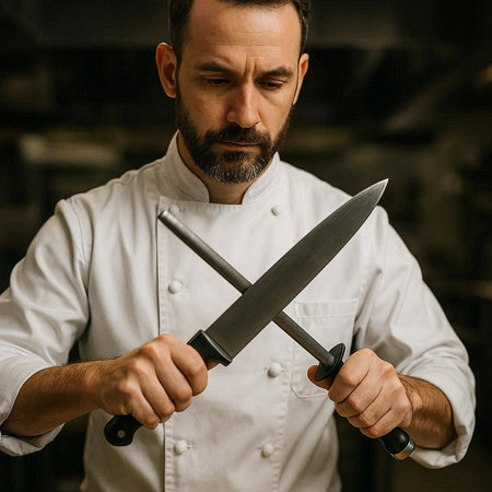 Portrait of a professional chef in a restaurant kitchen. He is holding two knives.