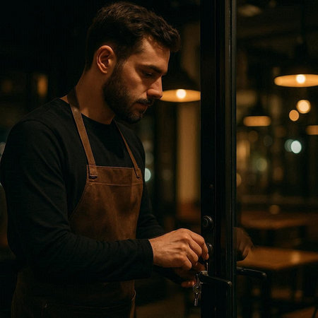 Portrait of a handsome man in apron opening the door at night.