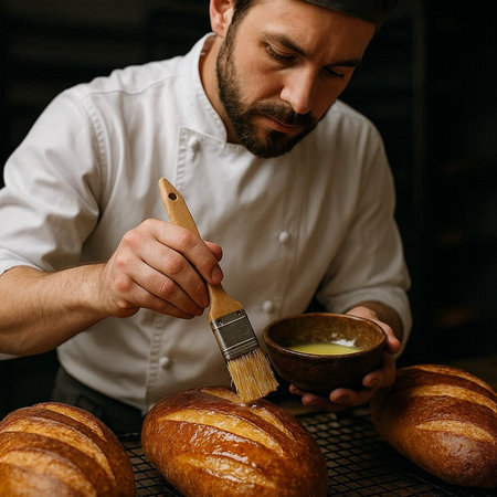 Close-up portrait of a professional male baker in a white uniform making fresh bread.