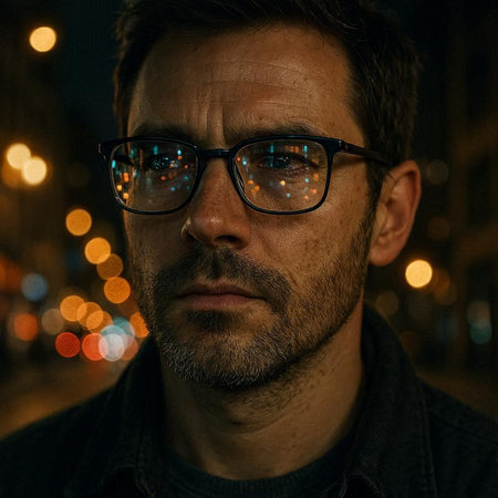 Portrait of a man with glasses in the city at night.