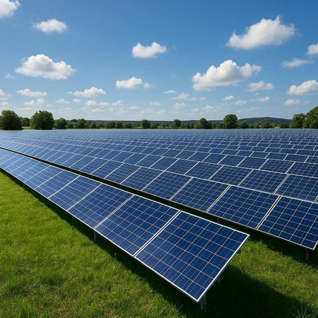 Solar panels on green field with blue sky and white clouds in background