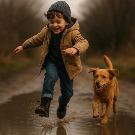 Boy playing with a dog in a puddle on a rainy day
