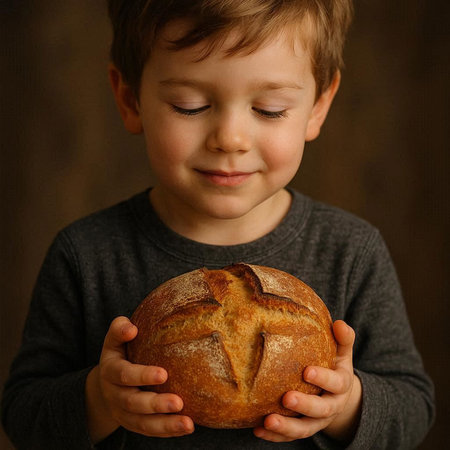 Cute little boy holding fresh homemade bread in hands on brown background