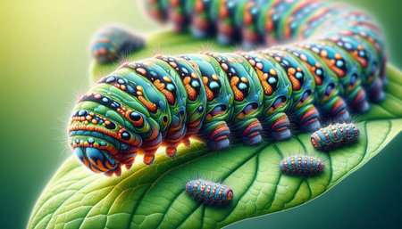 Caterpillar of a butterfly on a green leaf close-up