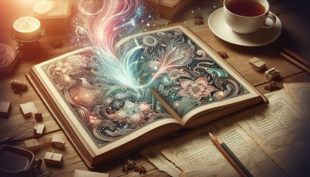 Open book with magic flower and cup of tea on wooden table.