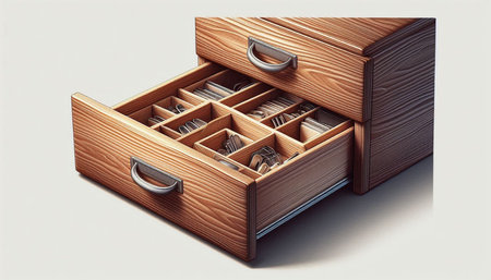 Open wooden drawer with books in it. 3D illustration. Retro style.