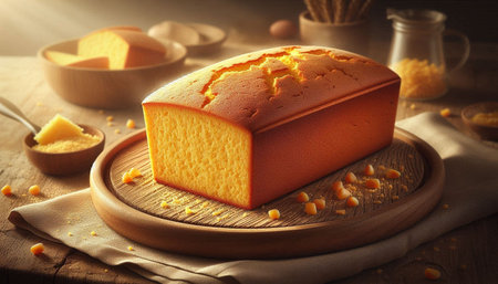 Sliced pumpkin cake on a wooden board with ingredients in the background