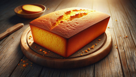 Piece of pumpkin cake on cutting board on wooden table, closeup