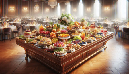 Dessert table with variety of fruit and cakes. 3d rendering