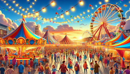Amusement park with fairground rides and people at sunset.