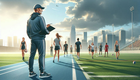 Sport and healthy lifestyle concept. Young man in sportswear standing on the stadium.