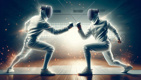 Two young men wearing fencing suits fighting with swords in room with glowing lights