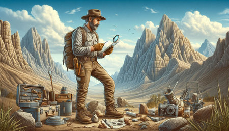 Hunter with a map in his hands in the mountains. 3d illustration