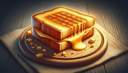 Slice of bread with honey on a wooden board. 3d illustration