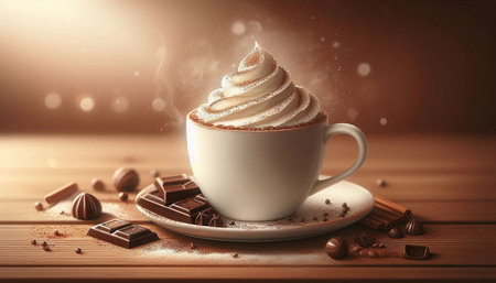 Cup of coffee with whipped cream and chocolate pieces on wooden table
