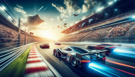 Sports car racing on the race track at sunset. Blurred motion.