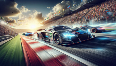 3D rendering of a race car racing on a track at sunset