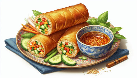 Spring rolls with vegetables and sauce on a plate. Vector illustration.