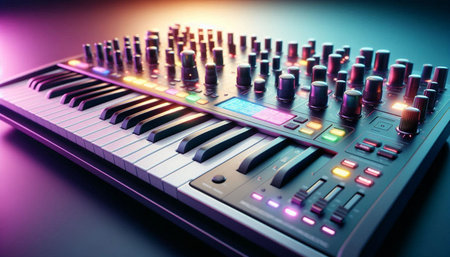 Close up of synthesizer keyboard with colorful lights. 3D rendering