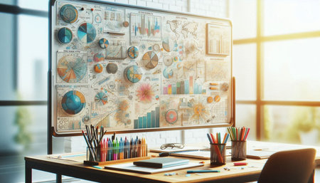 Side view of modern workplace with computer and stationery items. Presentation concept. 3D Rendering