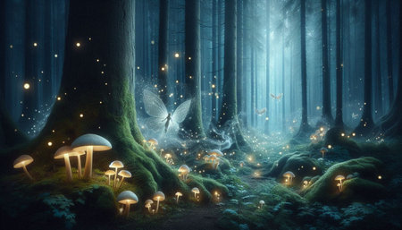 Mysterious forest with glowing mushrooms and butterflies. 3D rendering