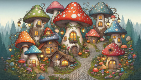 Mushroom village in the mountains. Fairytale landscape. Fantasy illustration.