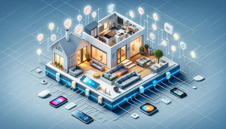Modern house with connected devices on blue background. 3d illustration.