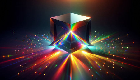 abstract 3d illustration of low poly cube with colorful light beam