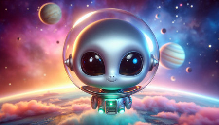 Robot in space with planets in background. 3D rendering.