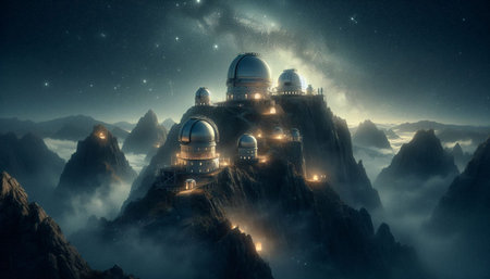 Astronomical Observatory in the mountains at night. 3D rendering