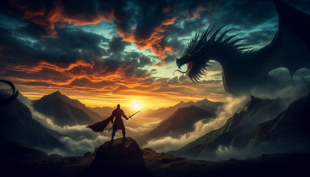 Fantasy landscape with dragon and man on the top of the mountain