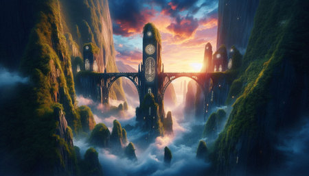 Fantasy landscape with bridge and clouds in the sky. 3d rendering