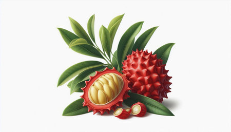 Lychee fruit with leaves isolated on white background. Vector illustration.