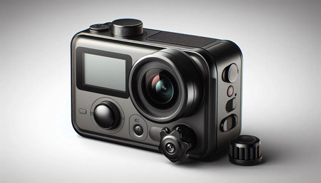 Digital camera on a gray background. 3d illustration. 3d rendering