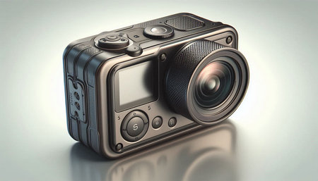 Digital camera on a gray background. 3d rendering. Computer digital drawing.