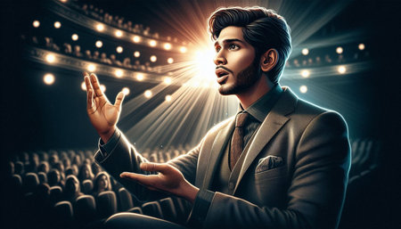 Young handsome man in suit at stage with spotlights. Mixed media