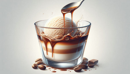 Ice cream in a glass with caramel and coffee beans on white background
