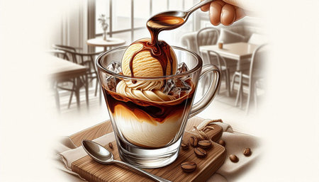 Cup of coffee with ice cream and chocolate syrup, 3d illustration