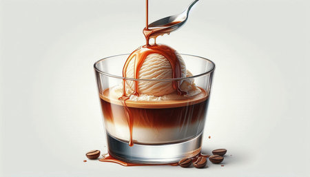 Ice cream in a glass with caramel sauce and coffee beans on a white background